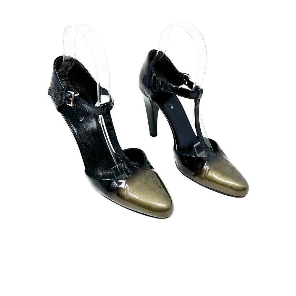 Prada Ombre Patent Leather T-Strap Pumps Black Metallic Green Gold 38.5